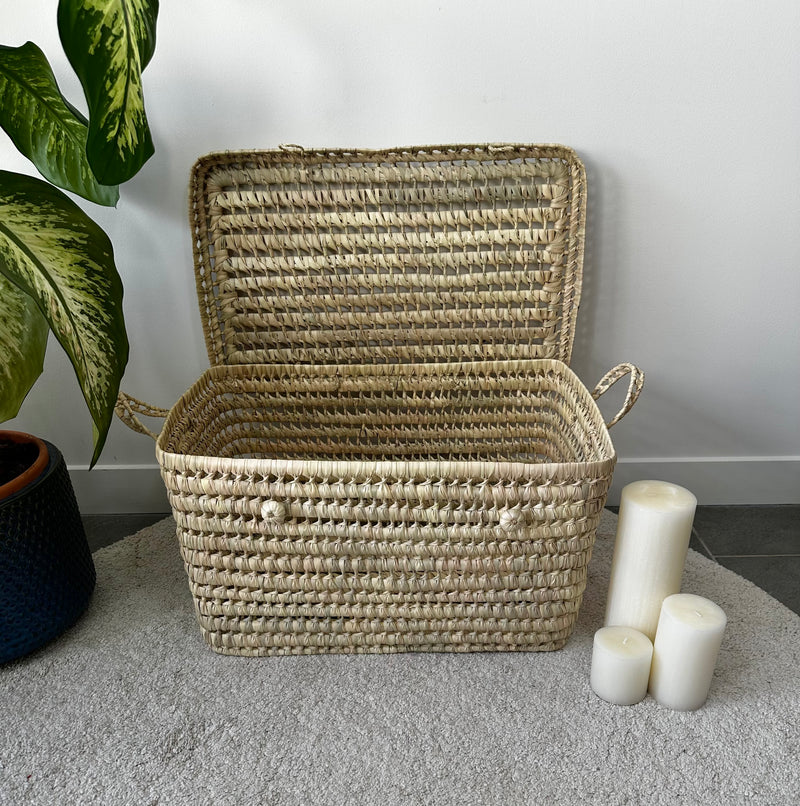 Malle de rangement rectangulaire en fibres naturelles de 60 cm avec poignées latérales