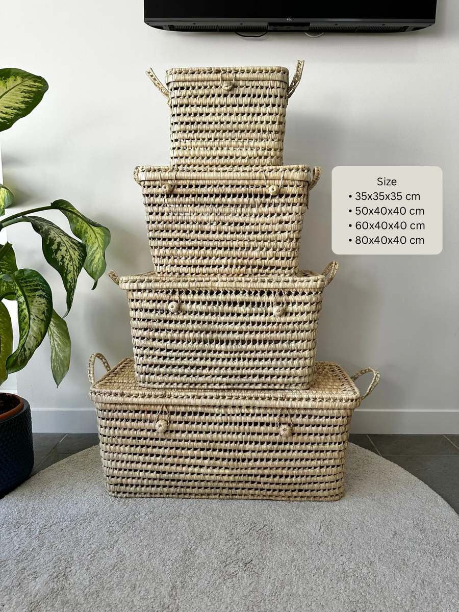 Malle de rangement naturelle en osier présentée avec ses caractéristiques et dimensions