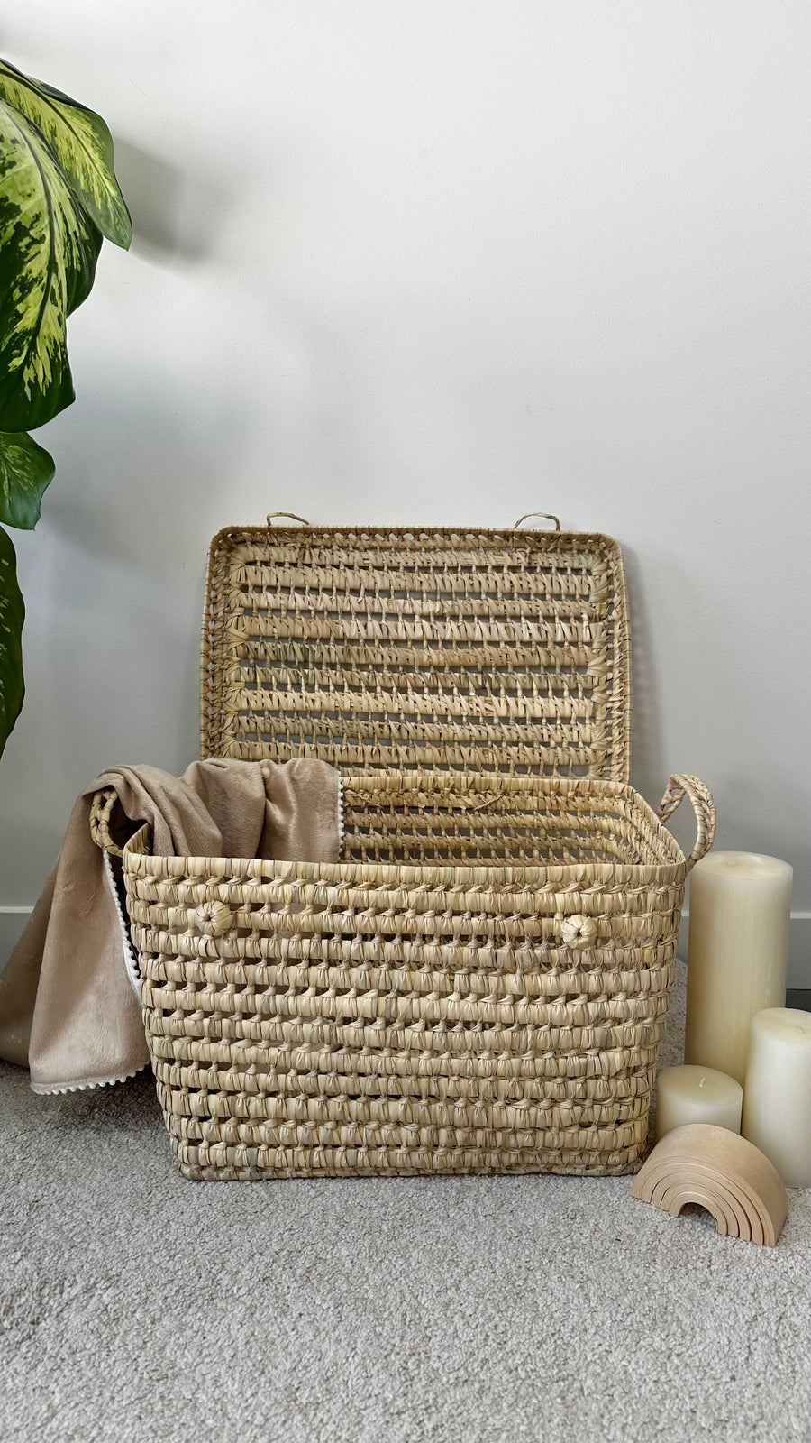 Malle de rangement naturelle de 50 cm avec poignées et tressage artisanal