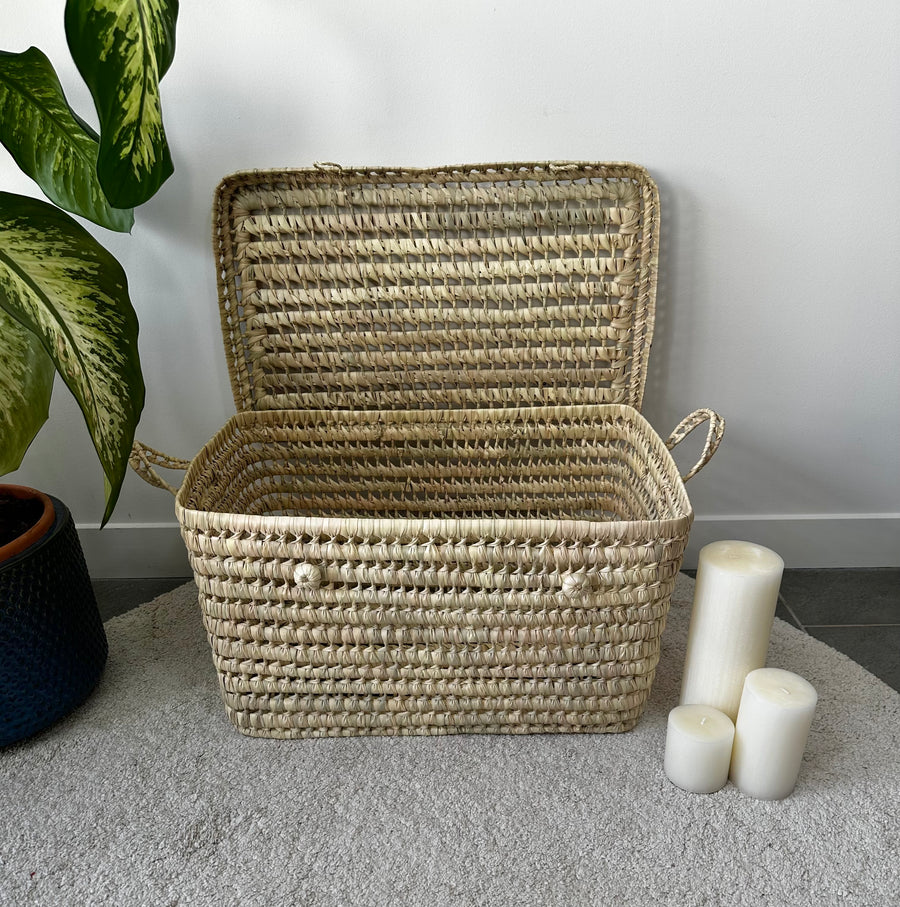 Malle de rangement rectangulaire en fibres naturelles de 60 cm avec poignées latérales